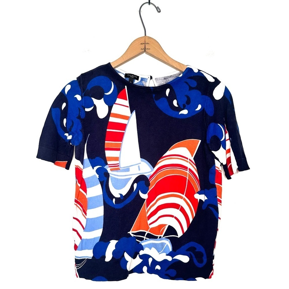 Talbot's | Nautical Geometric Sailboat Short Sleeve Sweater Size Medium Petite